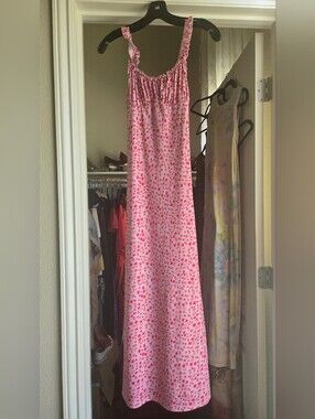 Pink Floral Midi Dress with Ruffled Straps
